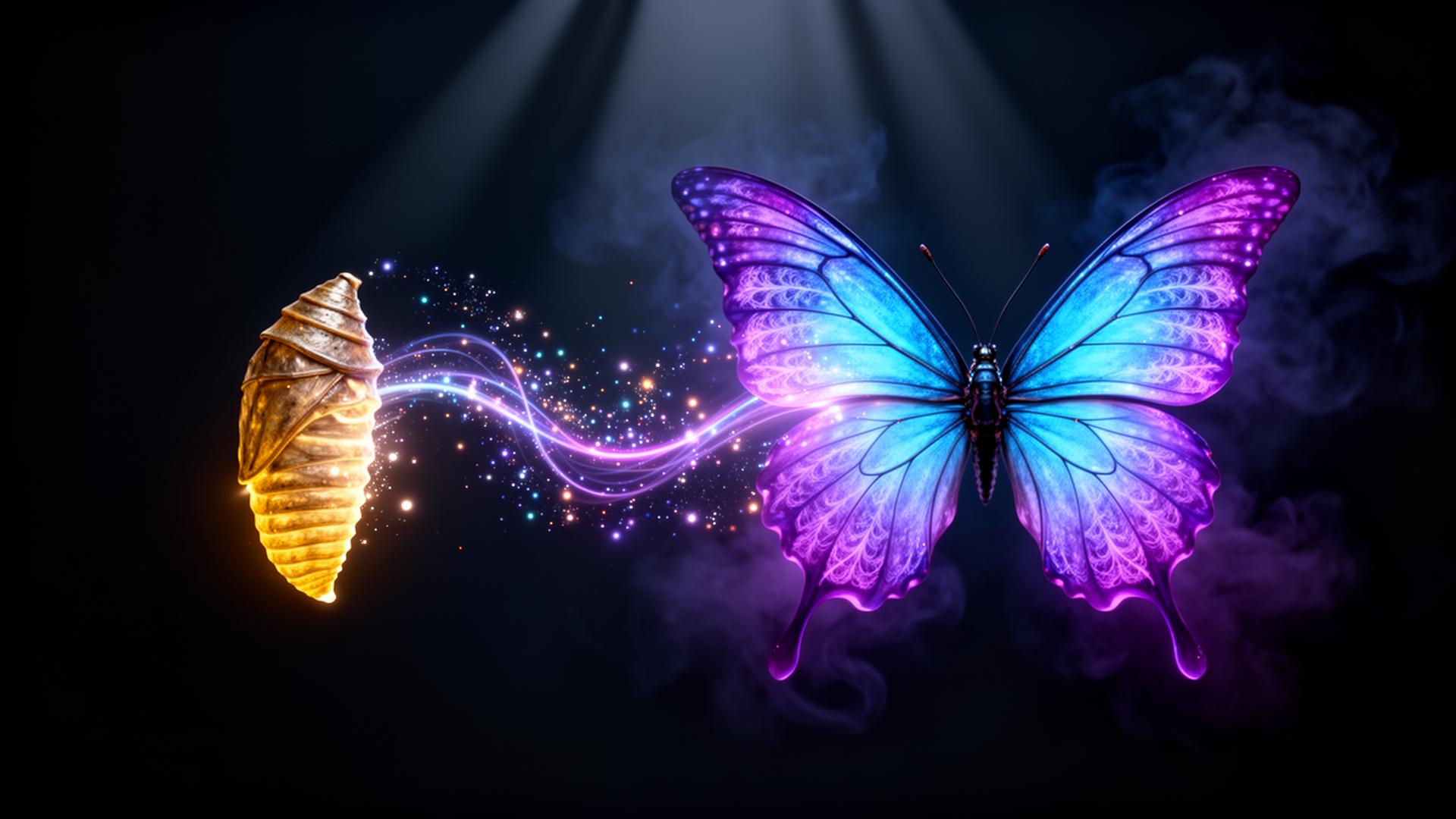 Luminous violet butterfly representing brand transformation